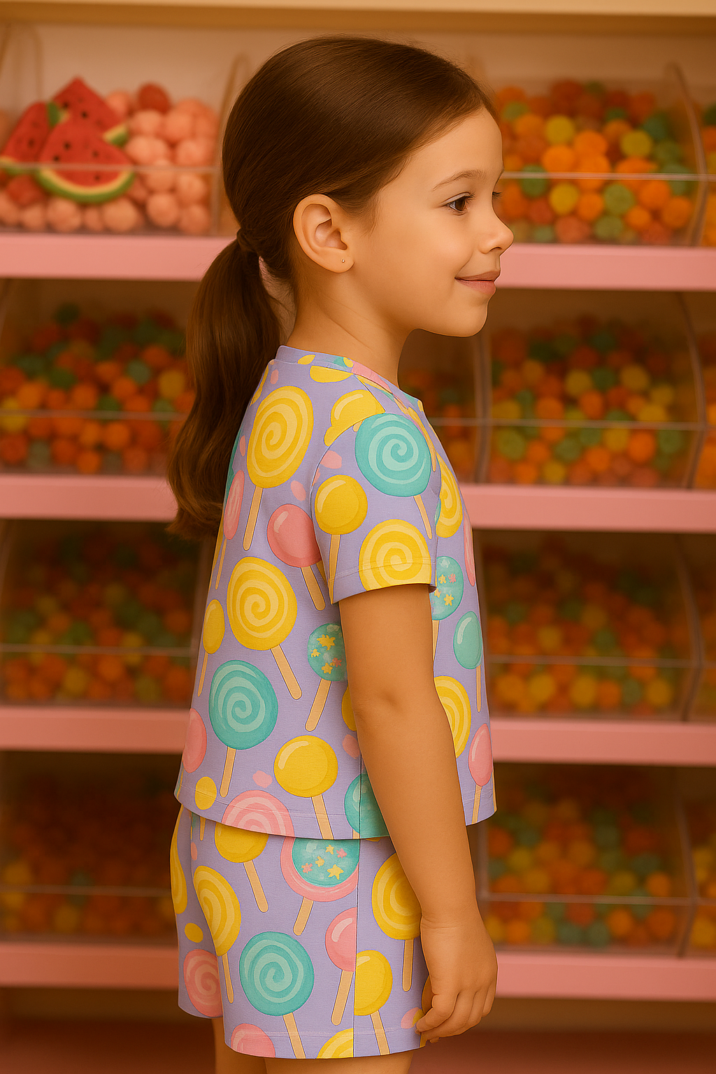 Candy Pop Kids Cord Set | Pastel Lollipop Print T-shirt & Shorts | Soft Cotton Summer Outfit For Girls