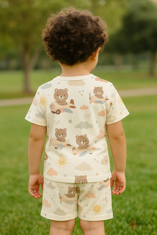 Kids Sky Bears Cord Set – Cute Flying Teddy Print polyester Outfit for Boys Half Sleeve T-Shirt & Shorts Co-ord Set – Soft Cotton Nightwear / Lounge Wear