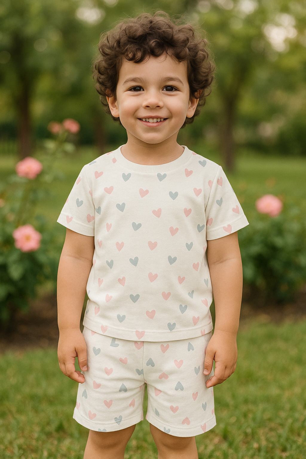“Sweet Hearts Cord Set – Soft Pastel Heart Print Outfit for Boys” Half Sleeve T-Shirt & Shorts Co-ord Set – Soft polyester Nightwear / Lounge Wear