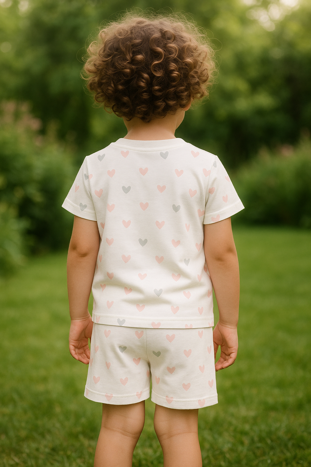 “Sweet Hearts Cord Set – Soft Pastel Heart Print Outfit for Boys” Half Sleeve T-Shirt & Shorts Co-ord Set – Soft polyester Nightwear / Lounge Wear