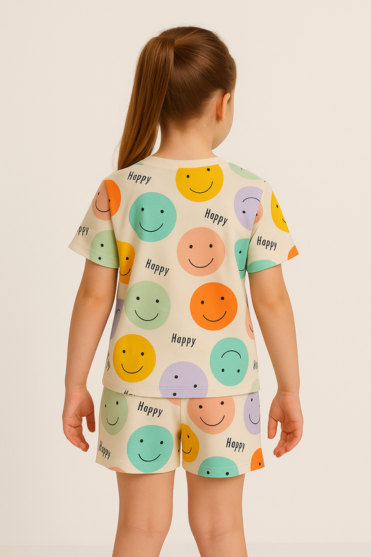 Happy Vibes Cord Set | Smiley Face Print Cotton T-shirt & Shorts | Fun Summer Outfit for Girls