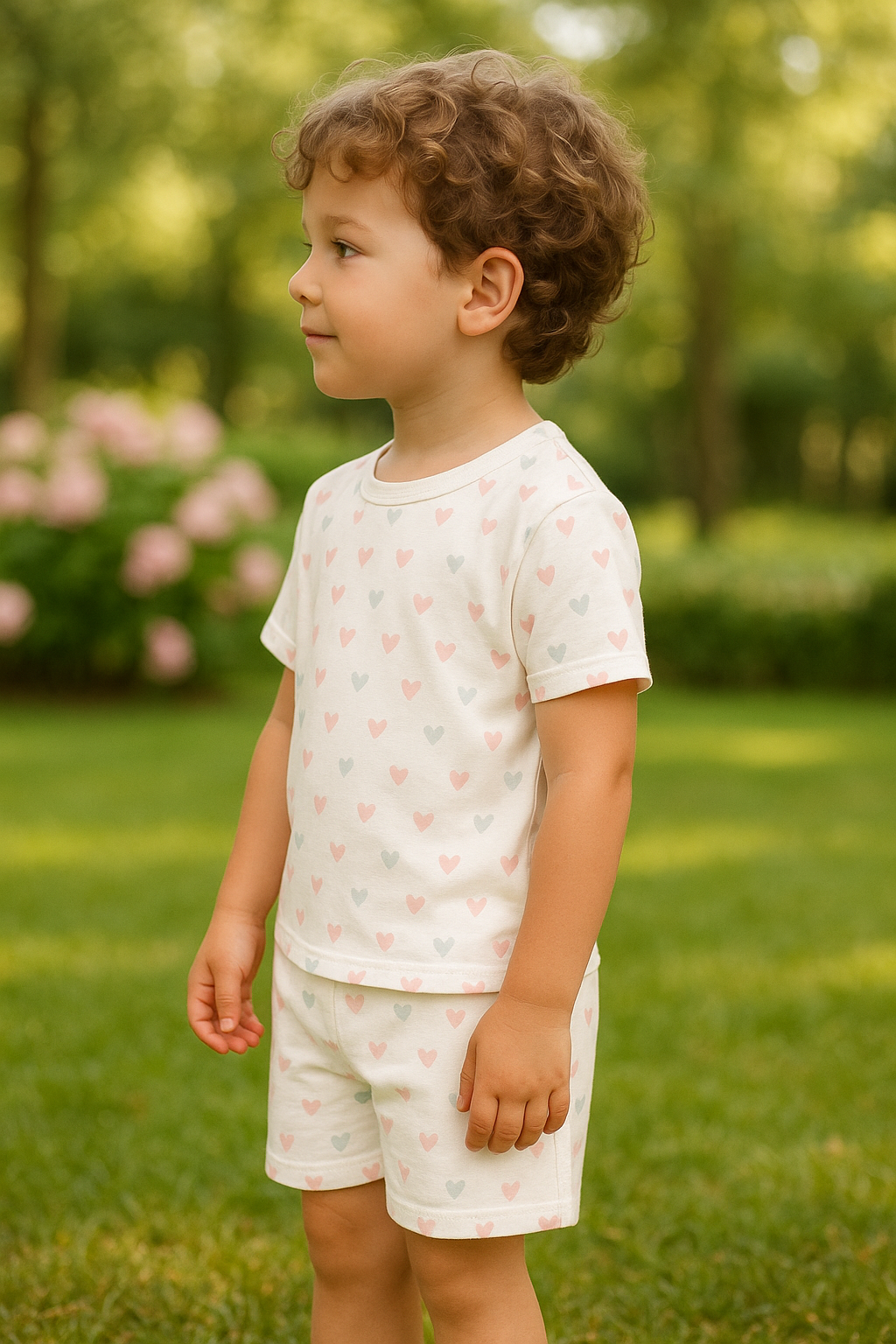 “Sweet Hearts Cord Set – Soft Pastel Heart Print Outfit for Boys” Half Sleeve T-Shirt & Shorts Co-ord Set – Soft polyester Nightwear / Lounge Wear