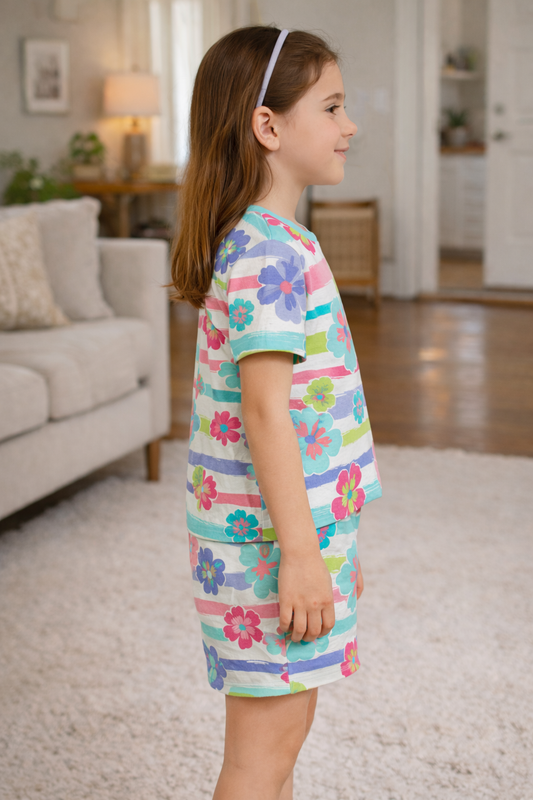 Spring Stripes Cord Set | Vibrant Floral Pattern Kidswear | Comfortable Cotton Summer Outfit for Girls