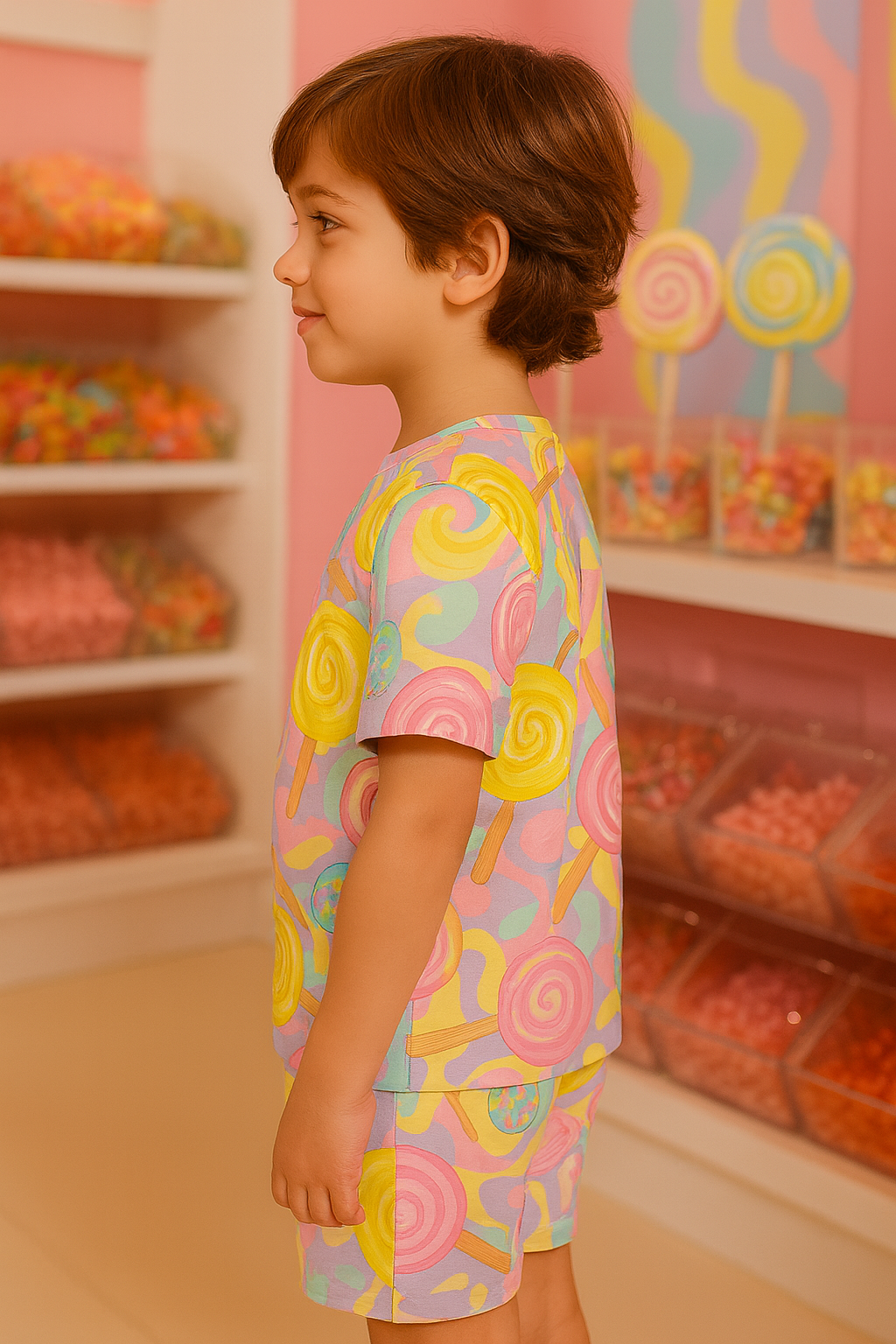 “Candy Swirl Cord Set – Bright Lollipop Print Summer Outfit for Boys” Half Sleeve T-Shirt & Shorts Co-ord Set – Soft Cotton Nightwear / Lounge Wear
