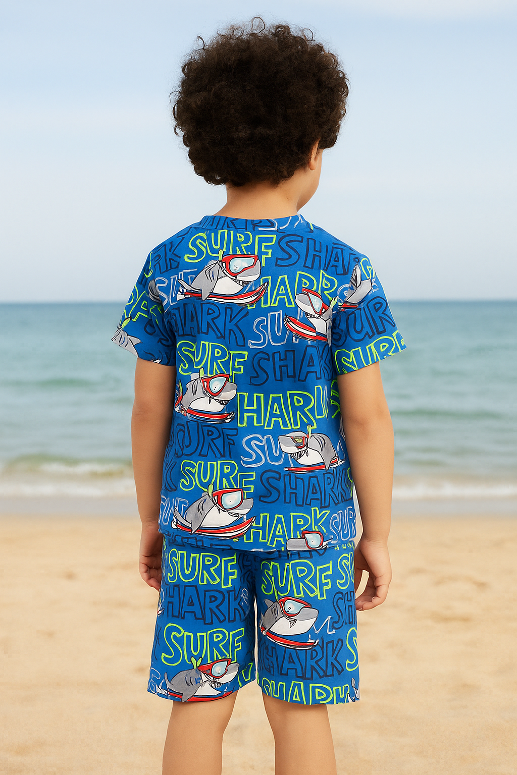 “Surf Shark Cord Set – Fun Ocean Blue Shark Print Summer Outfit for Boys” Half Sleeve T-Shirt & Shorts Co-ord Set – Soft Cotton Nightwear / Lounge Wear