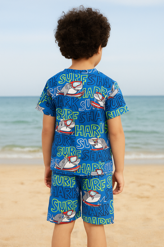 Kids Surf Shark Cord Set – Fun Ocean Blue Shark Print Summer Outfit for Boys Half Sleeve T-Shirt & Shorts Co-ord Set – Soft Cotton Nightwear / Lounge Wear
