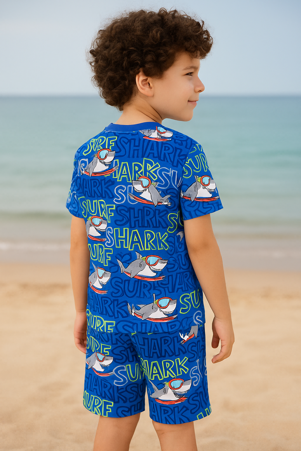 “Surf Shark Cord Set – Fun Ocean Blue Shark Print Summer Outfit for Boys” Half Sleeve T-Shirt & Shorts Co-ord Set – Soft Cotton Nightwear / Lounge Wear