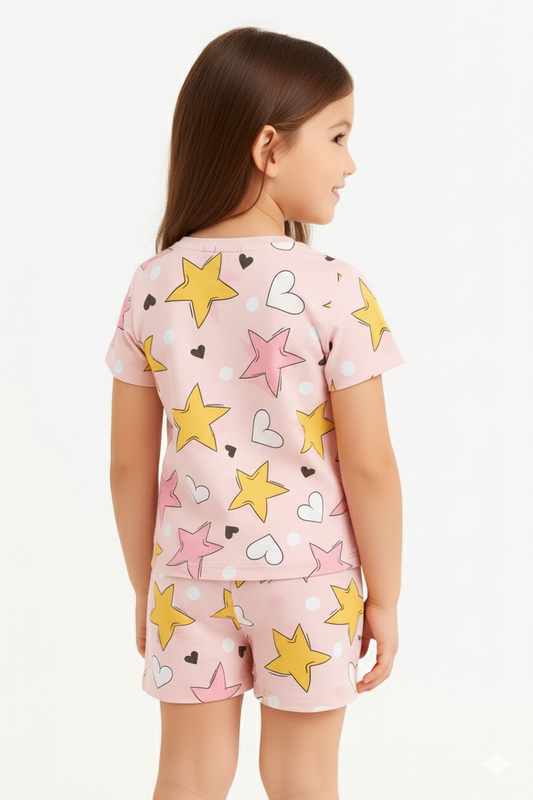 Starry Love Cord Set | Pink Star & Heart Print Cotton T-shirt & Shorts | Cute Summer Outfit for Girls
