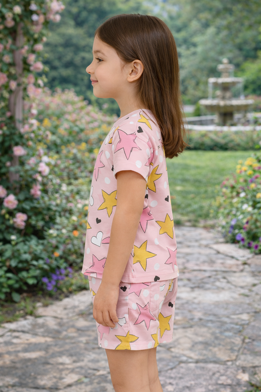 Starry Love Cord Set | Pink Star & Heart Print Cotton T-shirt & Shorts | Cute Summer Outfit for Girls