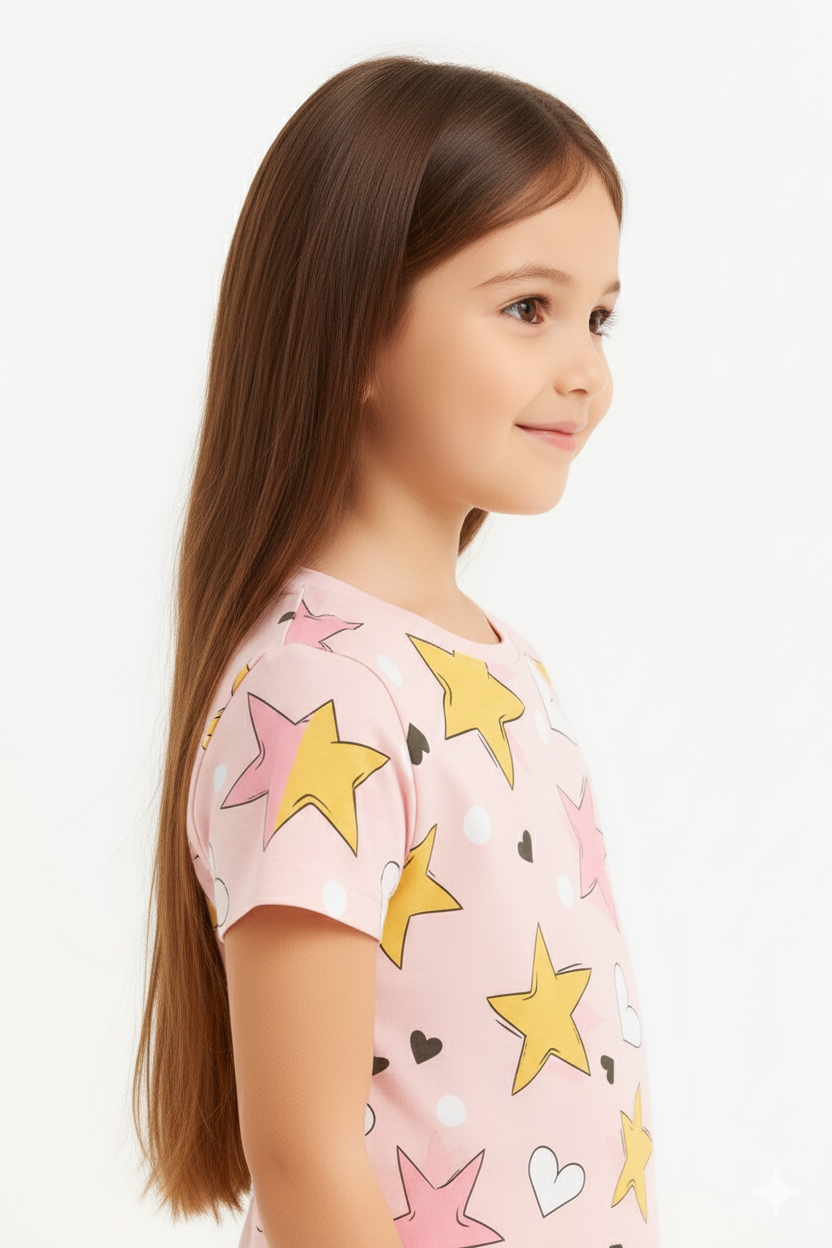 Starry Love Cord Set | Pink Star & Heart Print Cotton T-shirt & Shorts | Cute Summer Outfit for Girls
