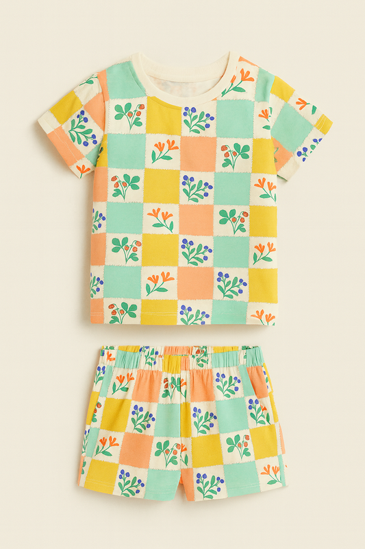 Color Block Floral & Fruit Printed Cordset For Girls