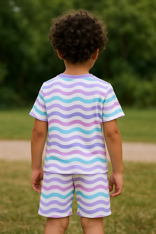 Wavy Whirl print set, kids co-ord summer outfit, polycotton kids nightwear, boys & girls teddy set, cute kids clothing, kids shorts and t-shirt set