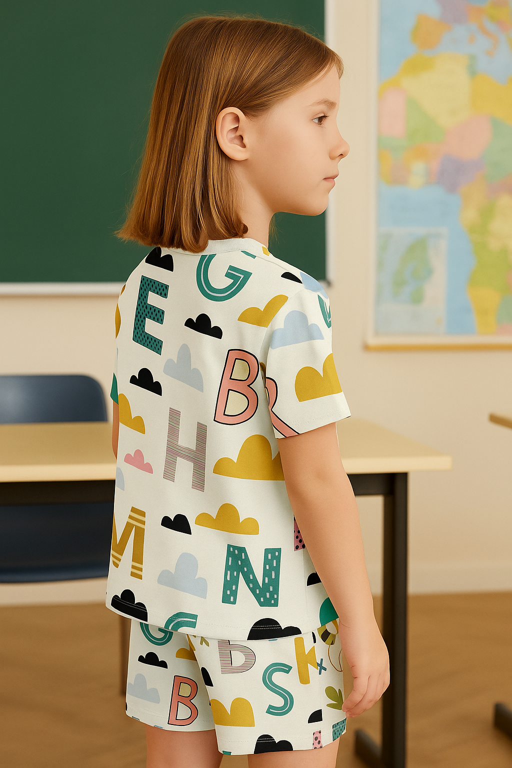 Alphabetland Kids Cord Set – Soft Fabric T-shirt & Shorts | Cloud & Letter Print | Summer Wear for Girls