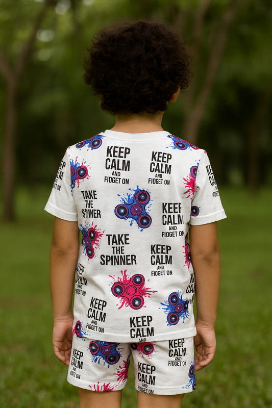 Kids Spin Pop Cord Set – Cool Fidget Spinner Graphic Print Outfit for Boys Half Sleeve T-Shirt & Shorts Co-ord Set – Soft Cotton Nightwear / Lounge Wear