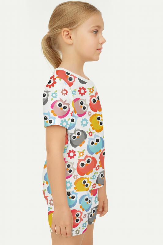 Owl Friends Cord Set | Colorful Cartoon Owl Print Cotton T-shirt & Shorts | Fun Summer Outfit for Girls