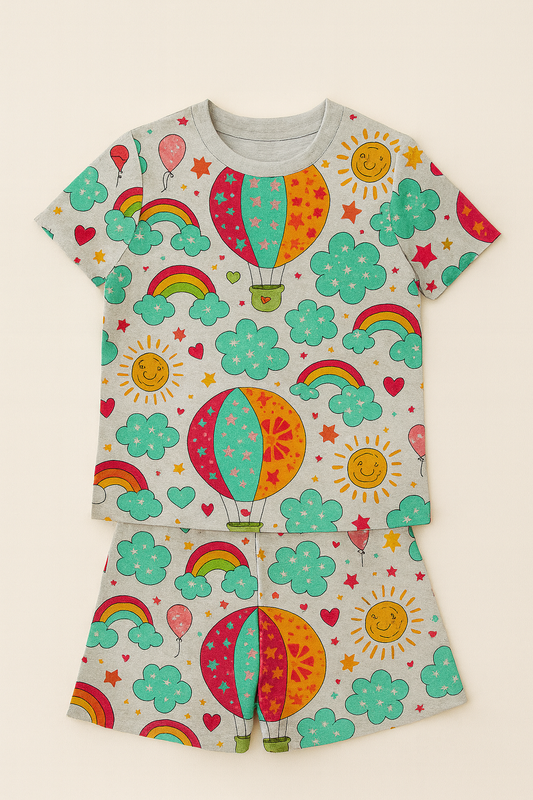 Hot Air Balloon & Rainbow Printed Cordset For Girls