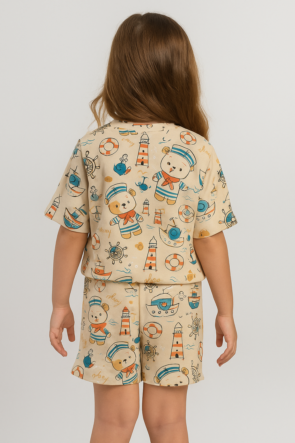 Sailor Bear Cord Set | Nautical Teddy Print Cotton T-shirt & Shorts | Cute Summer Outfit for Girls