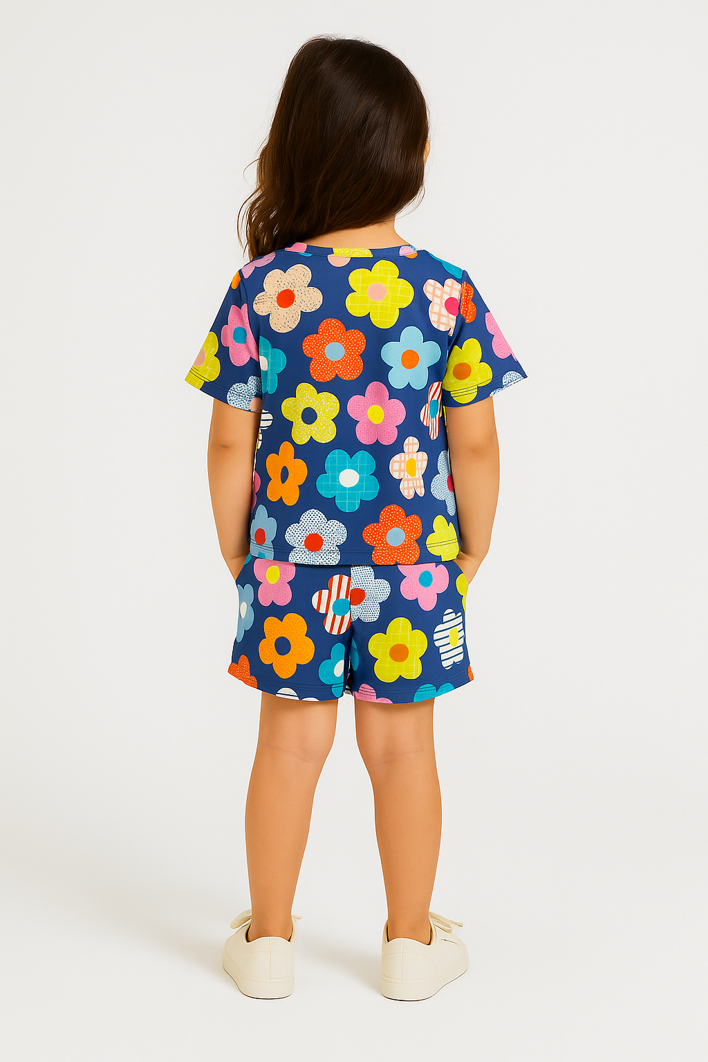 Playful Petals Cord Set | Navy Blue Floral Kids Outfit | Comfortable Cotton Summer Wear for Girls