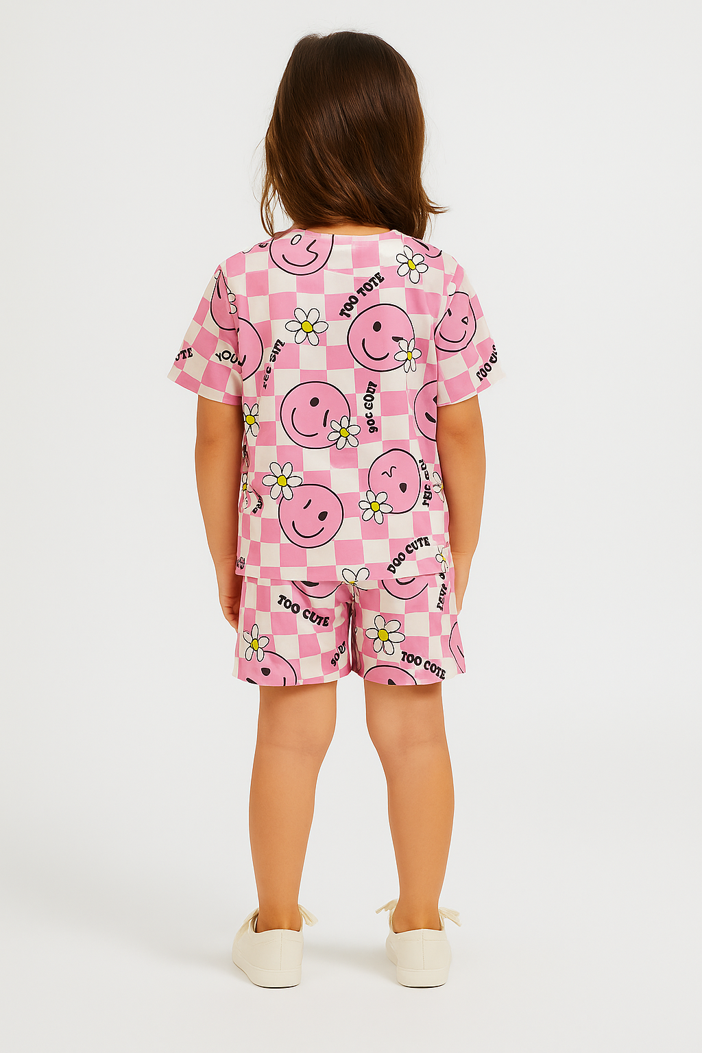 Smiley Bloom Cord Set | Pink Checkerboard & Daisy Print Cotton T-shirt & Shorts | Cute Summer Outfit for Girls