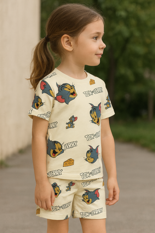 Cheesy Chase Cord Set | Tom & Jerry Cartoon Print Cotton T-shirt & Shorts | Fun Summer Outfit for Girls