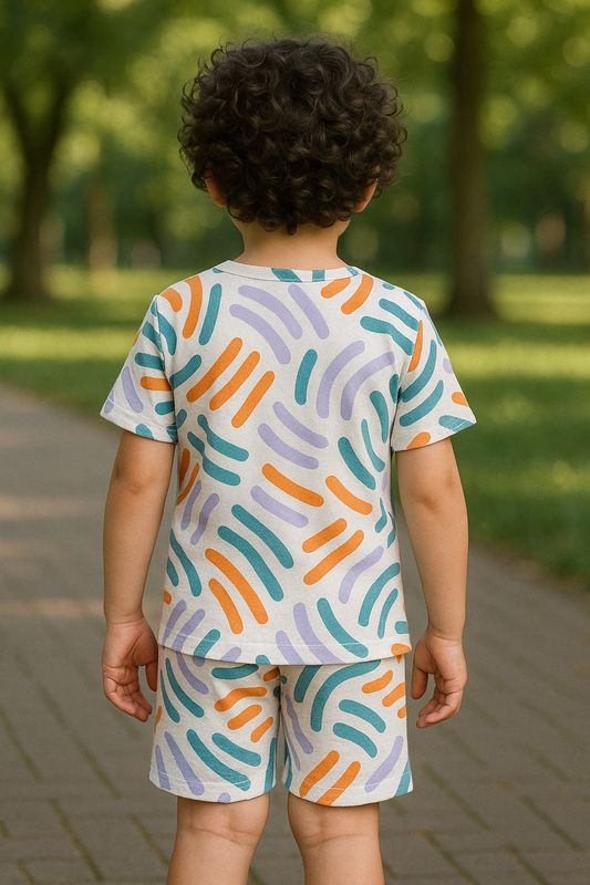 Kids Color Dash Cord Set – Bright Brush Stroke Printed Kidswear Set Half Sleeve T-Shirt & Shorts Co-ord Set – Soft Cotton Lounge Wear