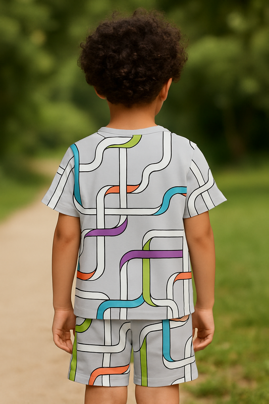 Kids Color Maze Cord Set – Fun Geometric Print Summer Outfit for Boys Half Sleeve T-Shirt & Shorts Co-ord Set