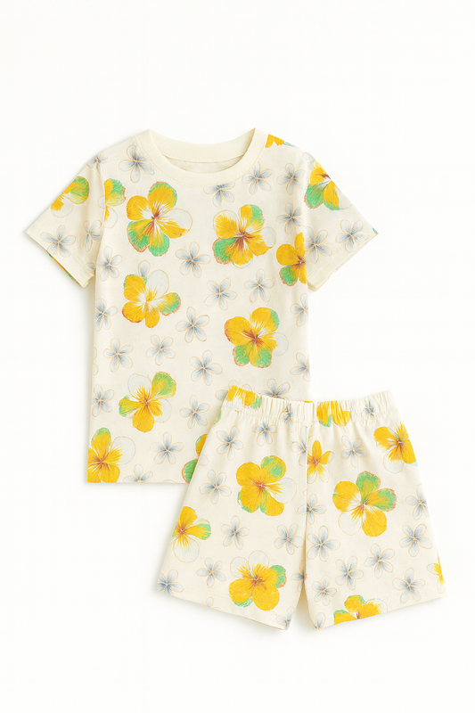 Bright Yellow Floral Printed Cordset For Boys