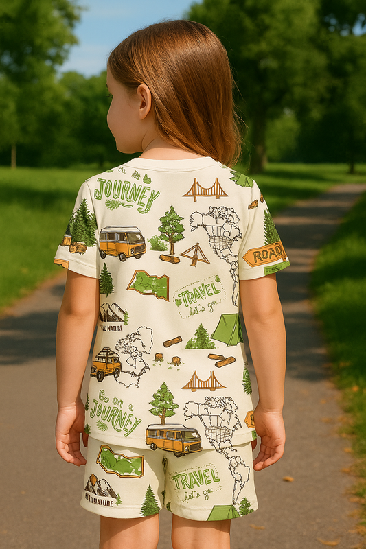 Adventure Journey Coord Set | Travel Print Cotton T-shirt & Shorts | Summer Outfit for Kids