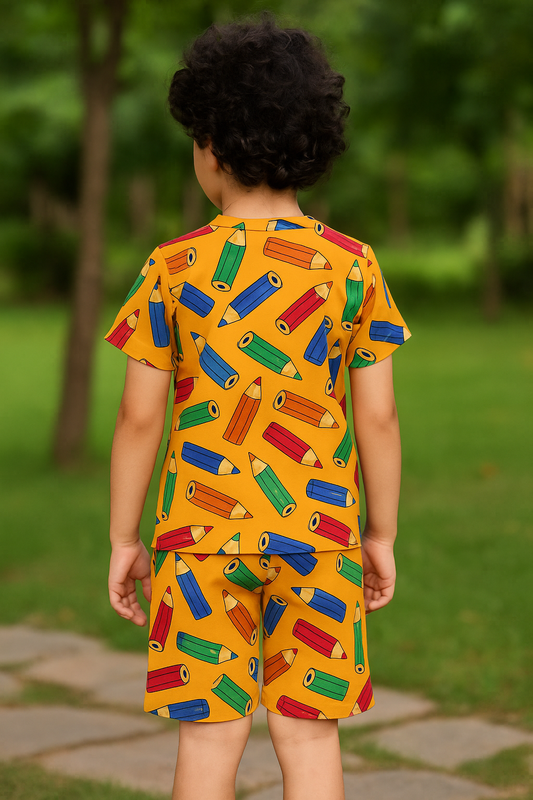 Kids Color Pencil Cord Set – Fun Multicolor Pencil Print Kidswear Outfit Half Sleeve T-Shirt & Shorts Co-ord Set