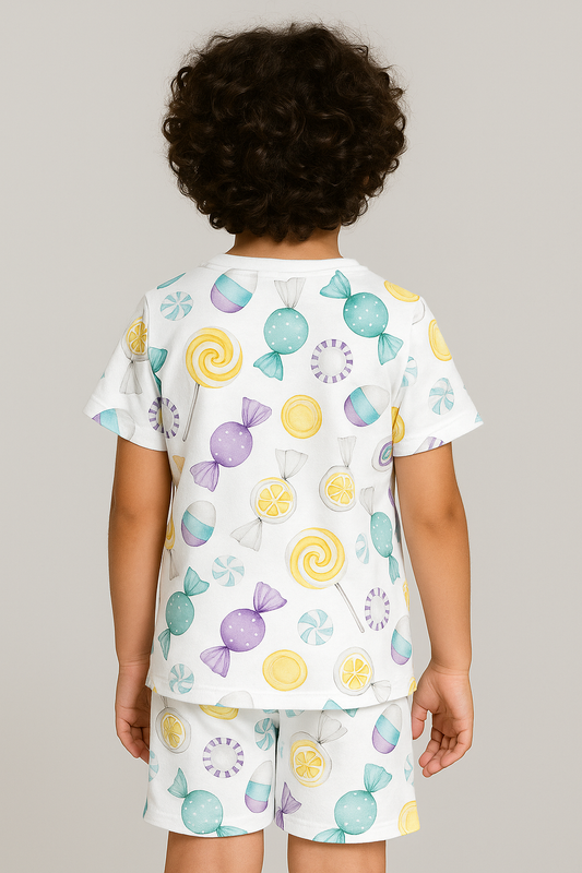 Kids Lollipop Candy Print T-Shirt & Shorts Co-ord Set – Soft Looper Polycotton Summer Outfit