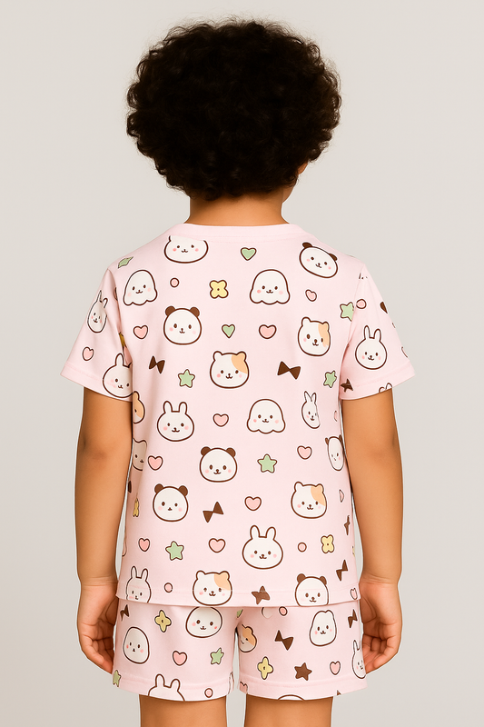 Kids Bunny & Panda Cartoon Print T-Shirt & Shorts Co-ord Set – Soft Looper Polycotton Nightwear / Summer Outfit
