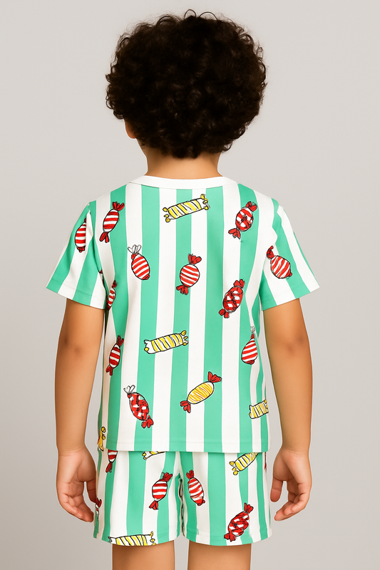 Kids Candy Print T-Shirt & Shorts Co-ord Set – Soft Looper Polycotton Summer Outfit
