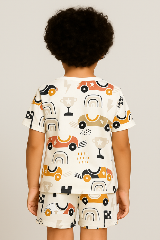 Kids Race Car Print T-Shirt & Shorts Co-ord Set – Soft Looper Polycotton Summer Outfit