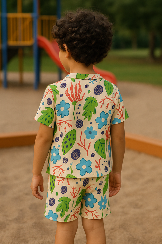 Kids Tropical Floral Print Shirt & Shorts Co-ord Set – Soft Looper Polycotton Summer Outfit