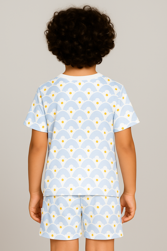 Kids Blue Wave Print Half Sleeve T-Shirt & Shorts Co-ord Set – Soft Cotton Summer Wear