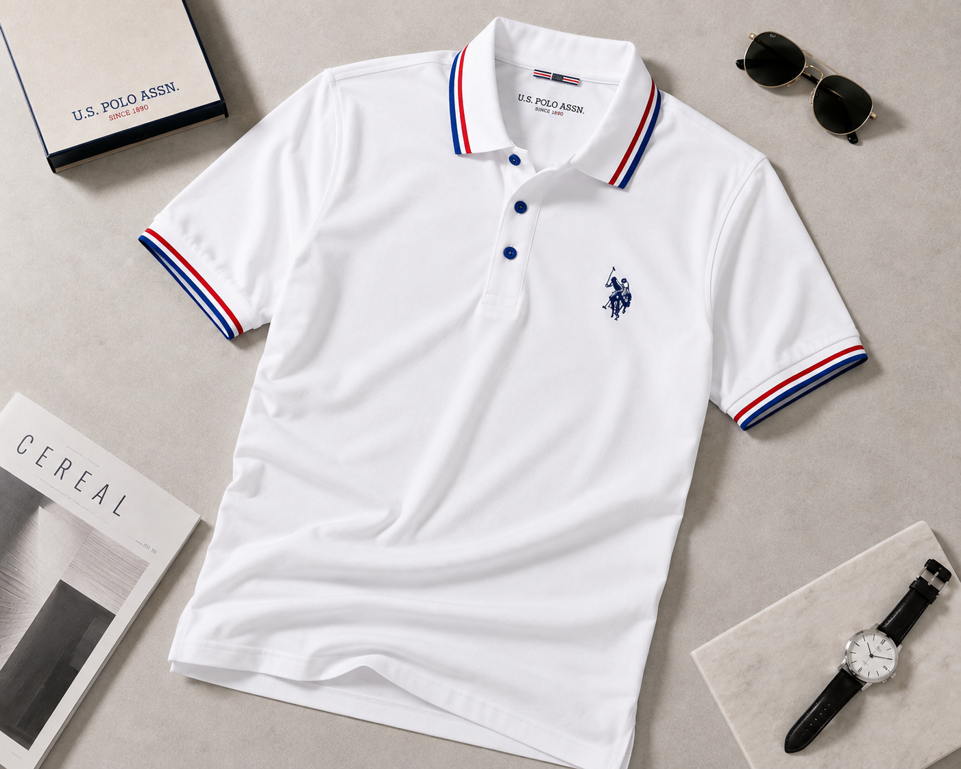 Men’s White Polo T-Shirt with Red & Blue Striped Collar and Embroidered Logo