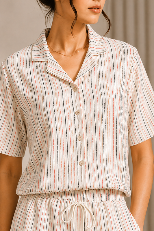 Women’s Pink Multicolor Vertical Stripe Co-Ord Set – Collared Shirt & Shorts