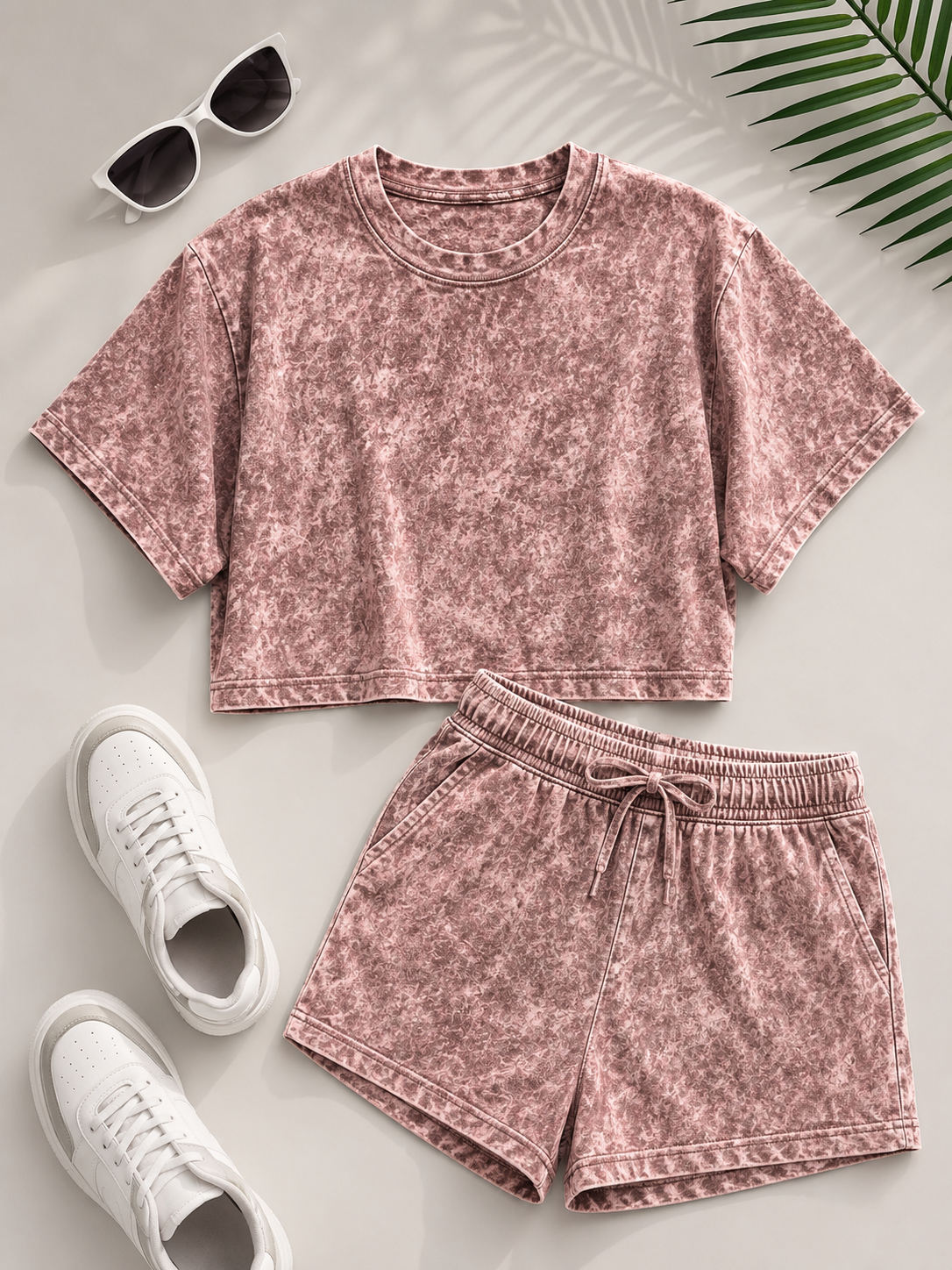 Horcun Women’s Dusty Rose Marble Print Co-Ord Shorts Set | Casual Two-Piece Outfit