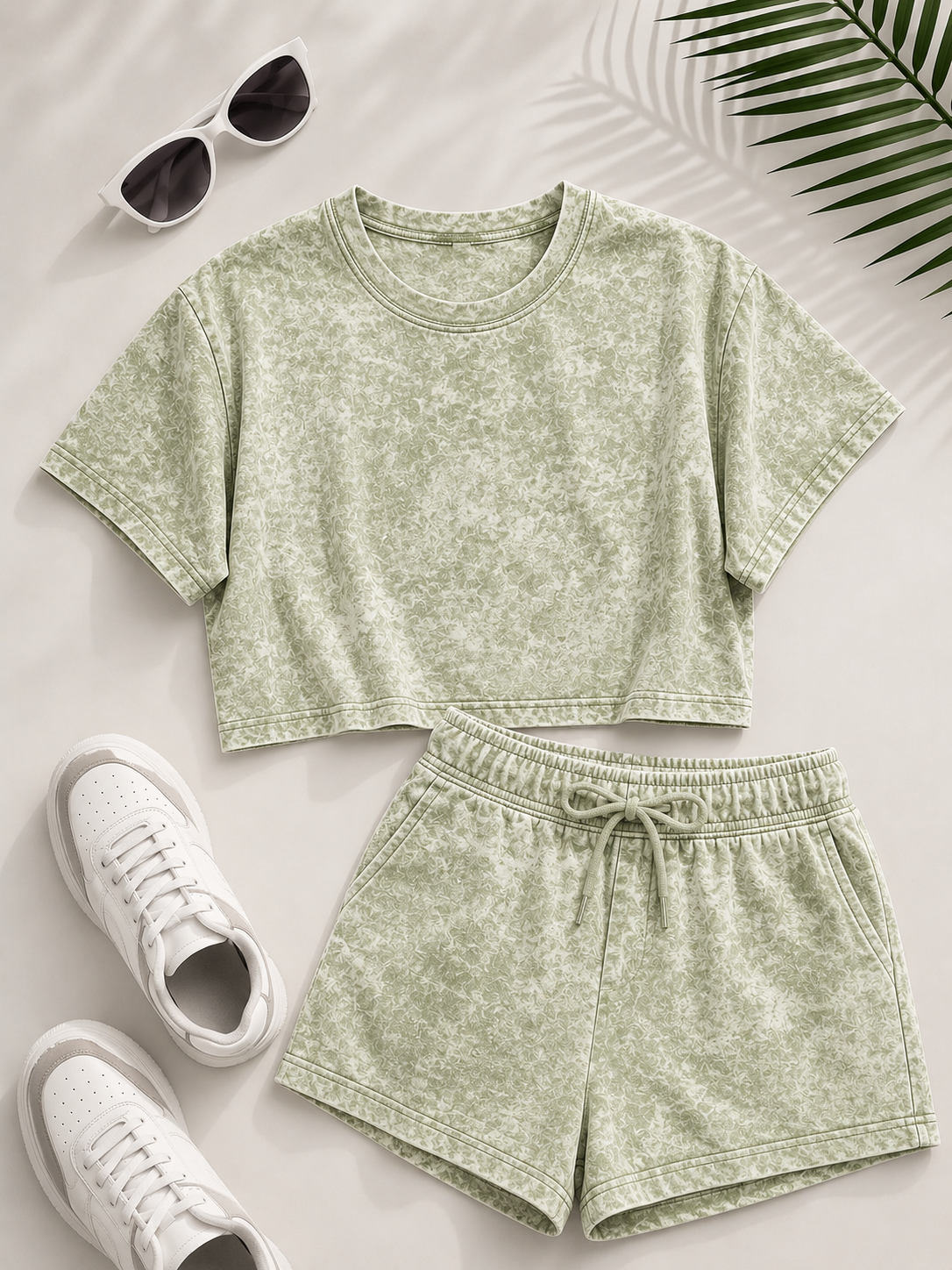 Horcun Women’s Sage Green Marble Print Co-Ord Shorts Set | Casual Two-Piece Outfit