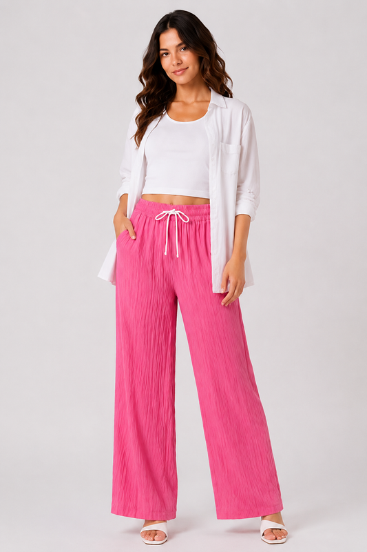 Pink Wide Leg Palazzo Pants for Women | Elastic Waist Crinkle Lounge Trousers