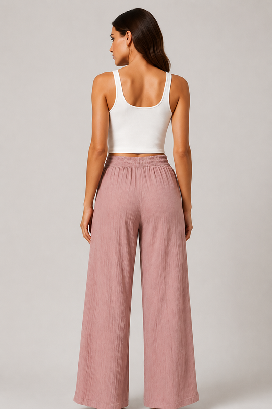Dusty Rose Wide Leg Palazzo Pants for Women | Elastic Waist Crinkle Lounge Trousers