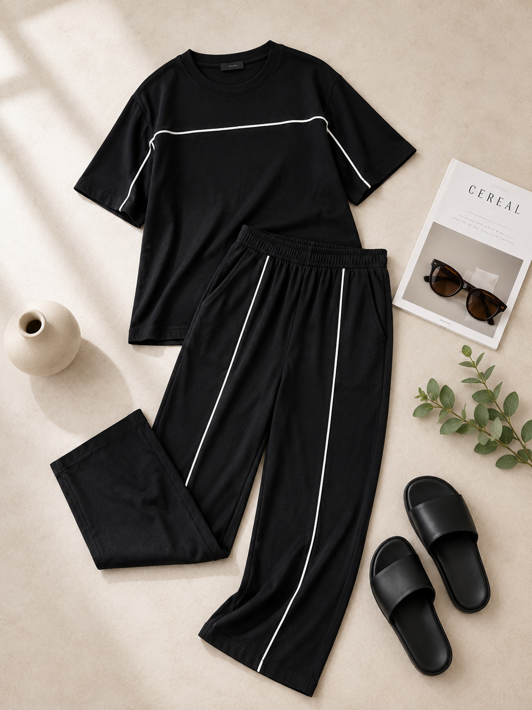 Women’s Black Co-ord Lounge Set | Premium Relaxed Fit T-Shirt & Straight Pants Set
