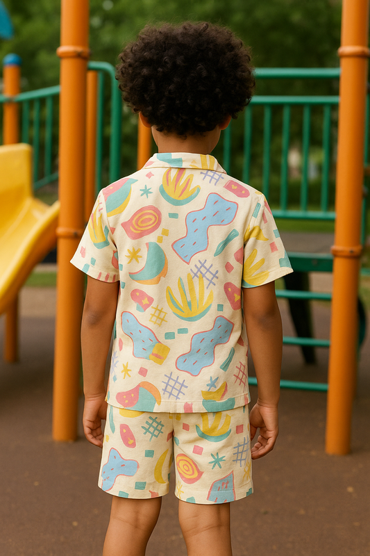 Kids Abstract Print Shirt & Shorts Co-ord Set – Soft Looper Polycotton Summer Outfit