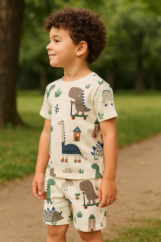 Kids Dinosaur Print T-Shirt & Shorts Co-ord Set – Soft Looper Polyester Outfit