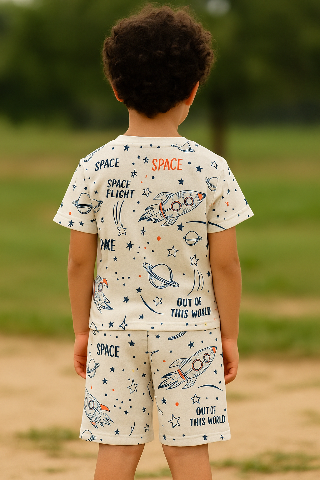 Kids Space Rocket Print T-Shirt & Shorts Co-ord Set – Soft Looper Polyester Casual Outfit