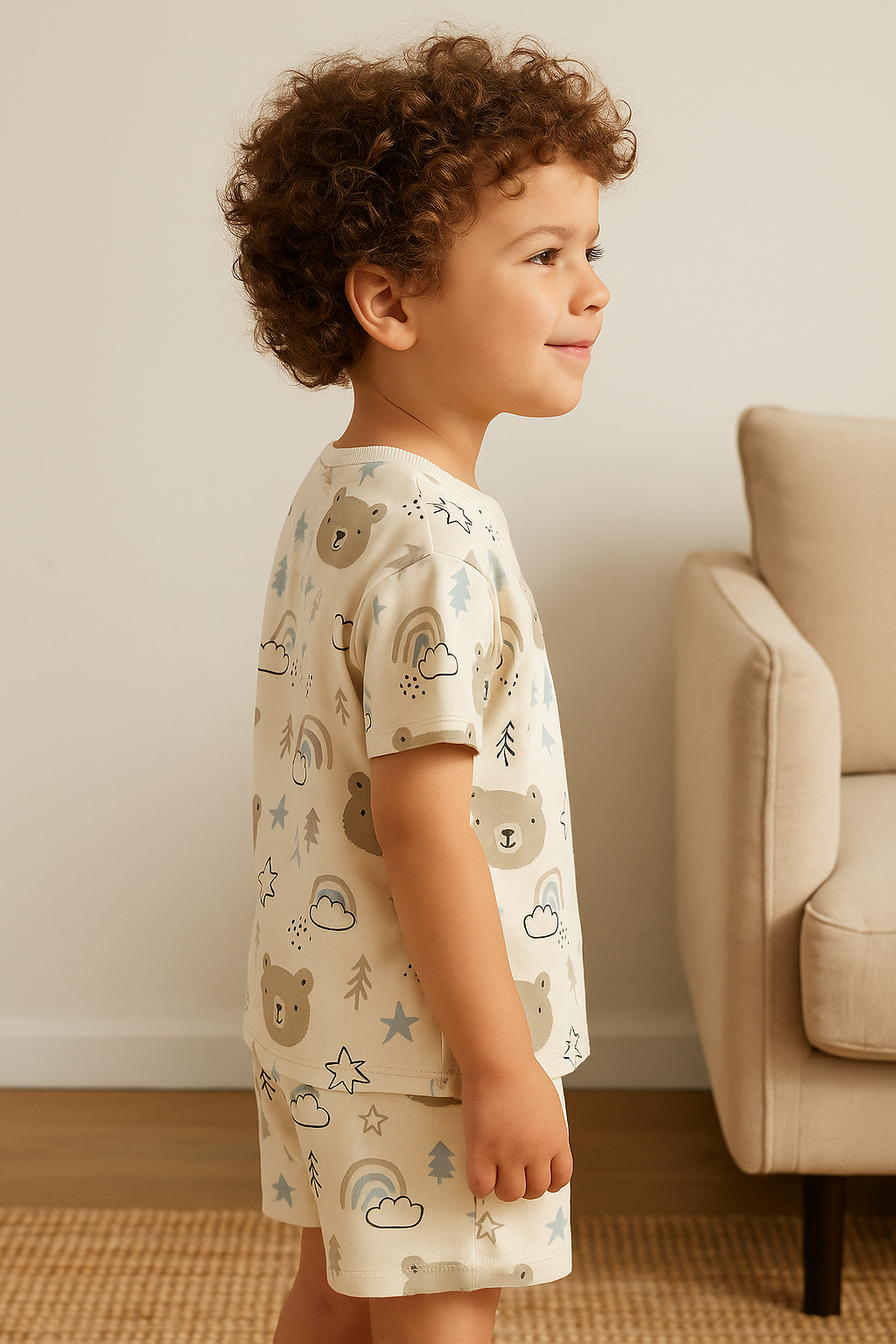 Kids Teddy Bear Print T-Shirt & Shorts Co-ord Set – Soft Looper Polyester Loungewear