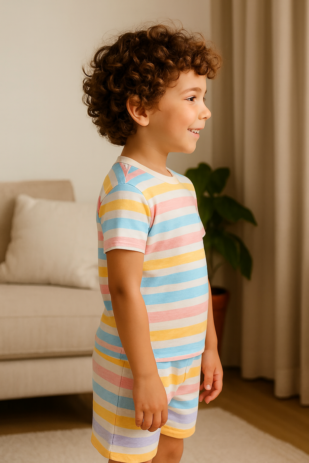 Kids Pastel Rainbow Stripe T-Shirt & Shorts Co-ord Set – Soft Looper Polyester Loungewear