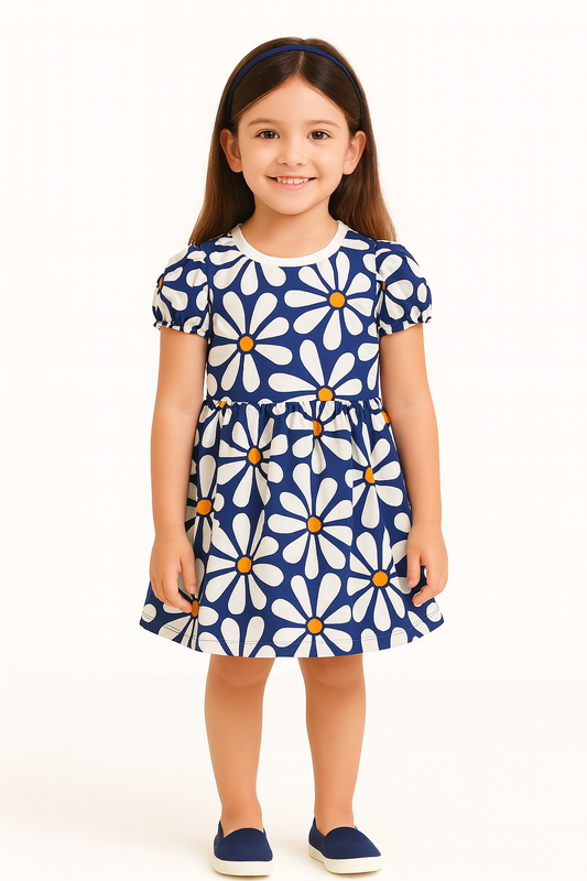 Navy Blue Daisy Print A-Line Dress for Baby Girls