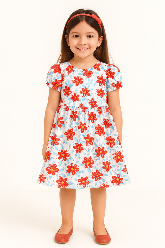 Red Watercolor Floral Print A-Line Dress for Baby Girls