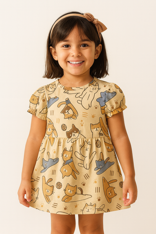 Cute Cartoon Cat Print A-Line Dress for Baby Girls